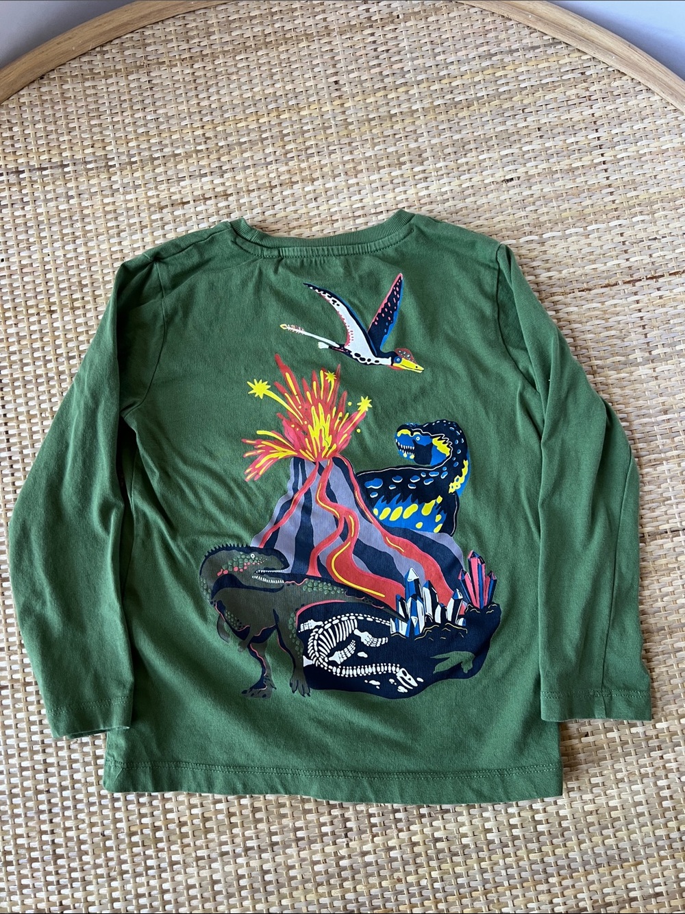 Mini Boden Green Dinosaur Volcano Graphic long Sleeve Tshirt cotton Boys 5-6 yrs